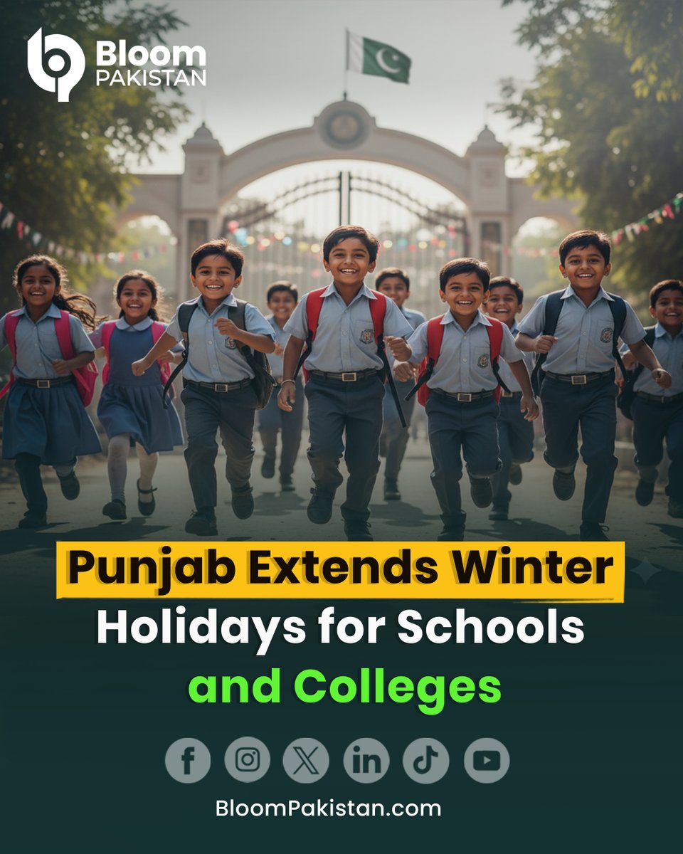 bloom_pakistan's tweet image. Punjab government extends winter holidays for all schools and colleges across the province due to severe cold weather.

Read More: bloompakistan.com/winter-vacatio…

#WinterHolidays #Punjab #SchoolUpdate #ColdWeather @GovtofPunjabPK @SchoolEduPunjab