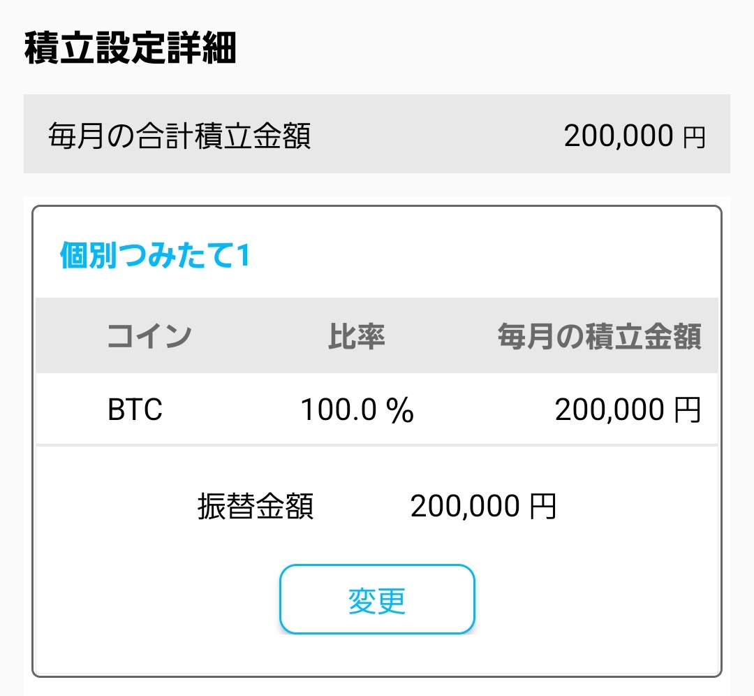 GMOコイン」から「ビットポイント」へ仮想通貨取引所を移行して実施予定。 BTCの積立時のみスプレッドがゼロになるため。 積立の穴をなるべく潰す作戦。  最初の5ヶ月間は初期投資分も含めて毎月20万円を積立し、その後は10万円に戻す。