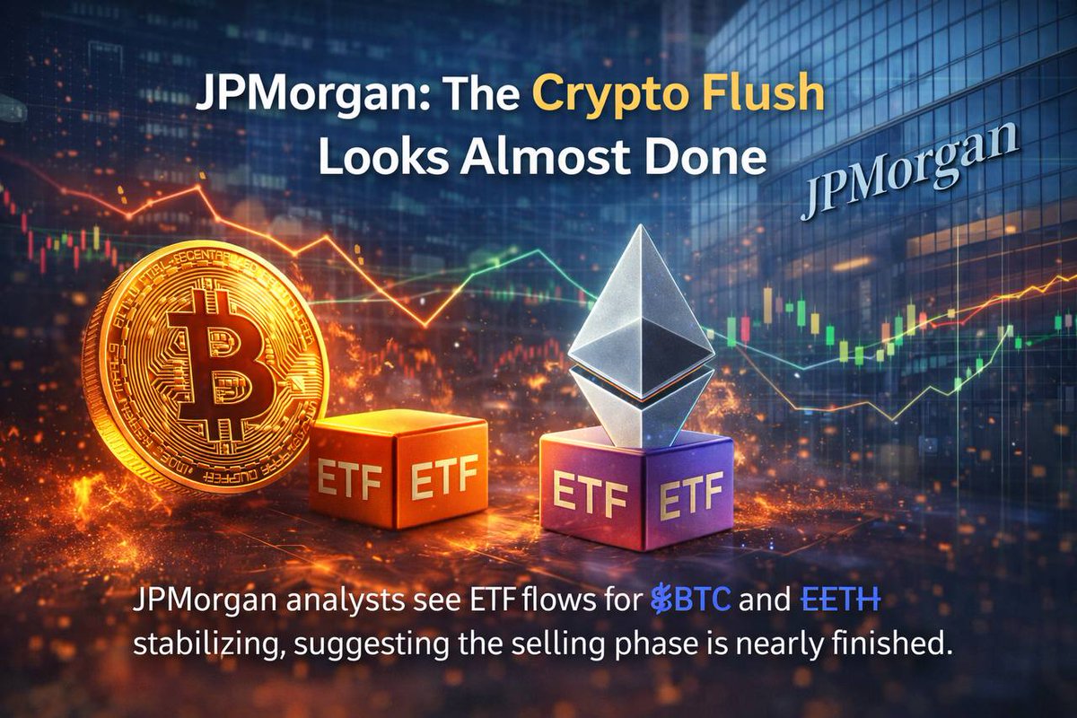 💰 JPMorgan: The Crypto Flush Looks Almost Done JPMorgan says the recent  crypto pullback is likely near the end. ETF flows for $BTC and $ETH are  stabilizing after January outflows, suggesting most