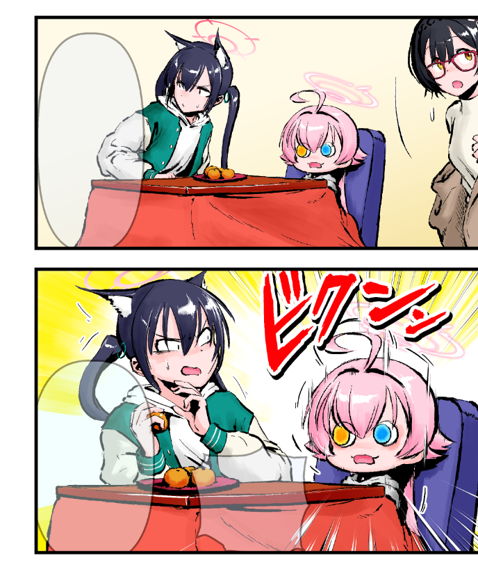 デフォルメの強いキャラとそうでもないキャラを近くに配置すると収まりが悪くなったり異常なスケールのコタツが完成したりするので、ふきだしで隠すなどの姑息な手段を使っているんですよ。 