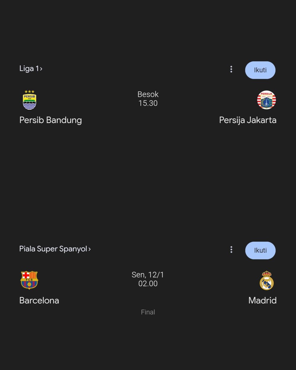 idextratime's tweet image. Besok sore nonton Persib vs Persija
Dini harinya nonton Barcelona vs Real Madrid