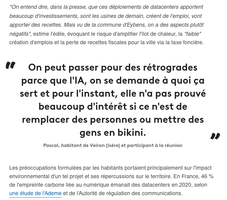 Un pays où les industriels de pointe doivent, avant de s'implanter, demander l'avis de

-  Anne-Marie, retraitée qui trouve que tout va beaucoup, beaucoup trop vite  

- de Pascal qui sait que l'AI ne sert qu'à mettre des gens en bikini, 

est un pays qui a renoncé à l'avenir.