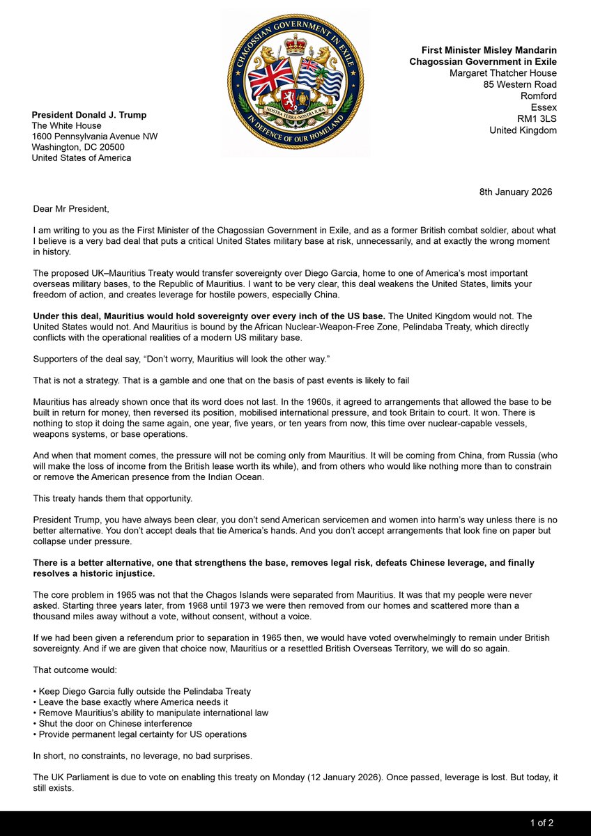 ConsPost's tweet image. EXCLUSIVE: Chagossian First Minister Misley Mandarin's letter to President Donald Trump @POTUS  🇬🇧🇮🇴🇺🇸

"I am asking you, Mr President, to do what you do best, call out a bad deal and stop it."