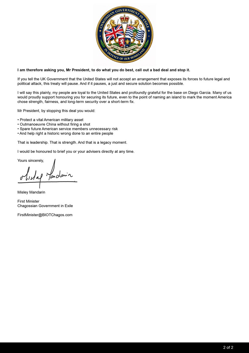 ConsPost's tweet image. EXCLUSIVE: Chagossian First Minister Misley Mandarin's letter to President Donald Trump @POTUS  🇬🇧🇮🇴🇺🇸

"I am asking you, Mr President, to do what you do best, call out a bad deal and stop it."