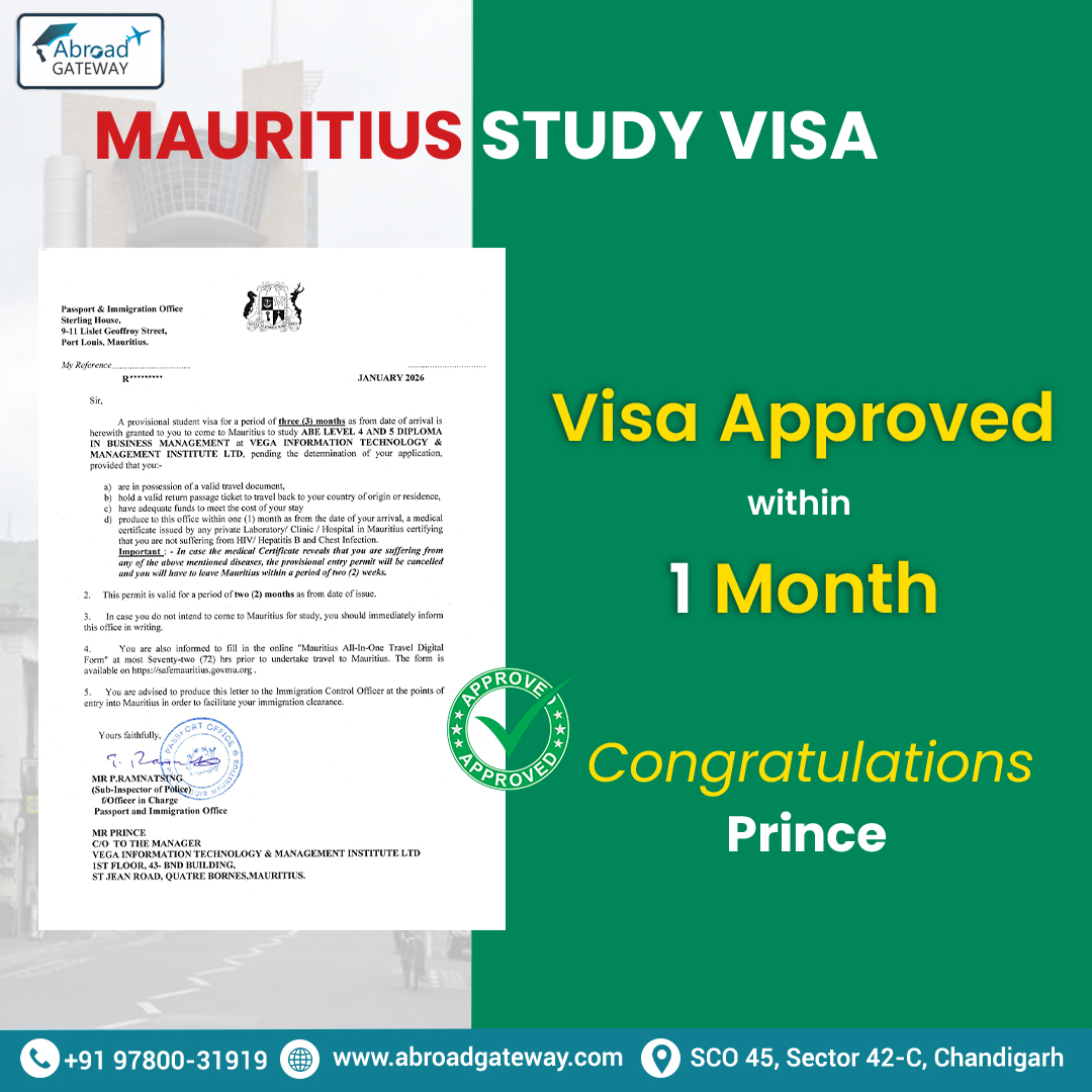 AbroadGatewayy's tweet image. 🎉 Mauritius Study Visa Approved for Prince 🇲🇺
Approved within just 1 month!

🎯 Want similar results?
Choose Abroad Gateway for expert study visa guidance.
🔗 tinyurl.com/4uup5axc
📞 +91 97800-31919

#VisaApproved #StudyInMauritius #AbroadGateway
