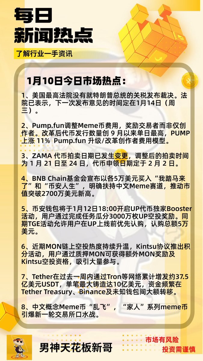 1、Tether一周印37.5亿USDT，最大单笔10亿，每次看到USDT  大规模铸造，市场都会开始讲故事，稳定币的市场越来越大，然而行情还在极度割裂的熊市中，新哥是满仓了，死就死了。 2、BNB  Chain基金会宣布以各5万美元买入“我踏马来了”和“币安人生”，明确扶持中文Meme赛道，我踏 ...