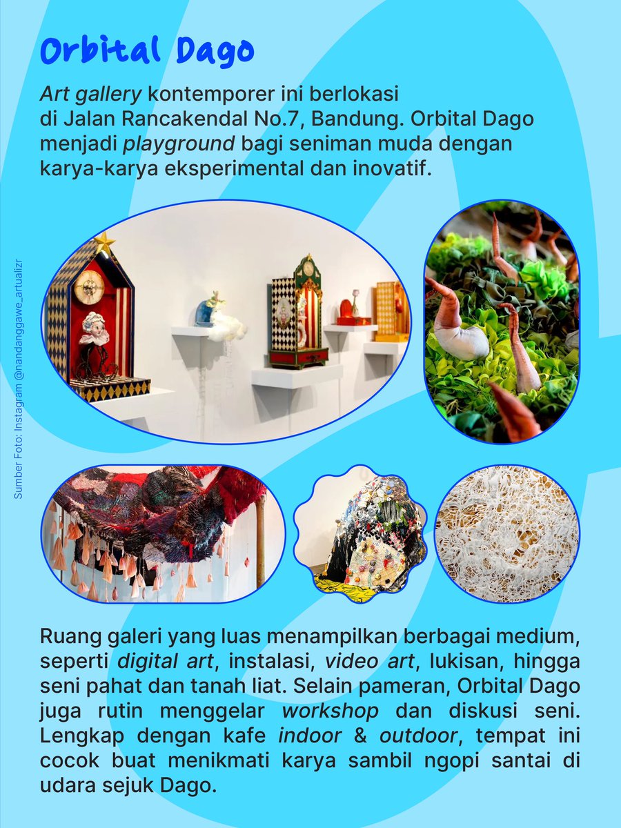ekraf_ri's tweet photo. Swipe slide-nya buat lihat art gallery di Bandung yang cocok dinikmati waktu liburan!
#WeekendCreate
#Nataru2025
#EkonomiKreatifBangkit https://t.co/OVLvOWaDFh