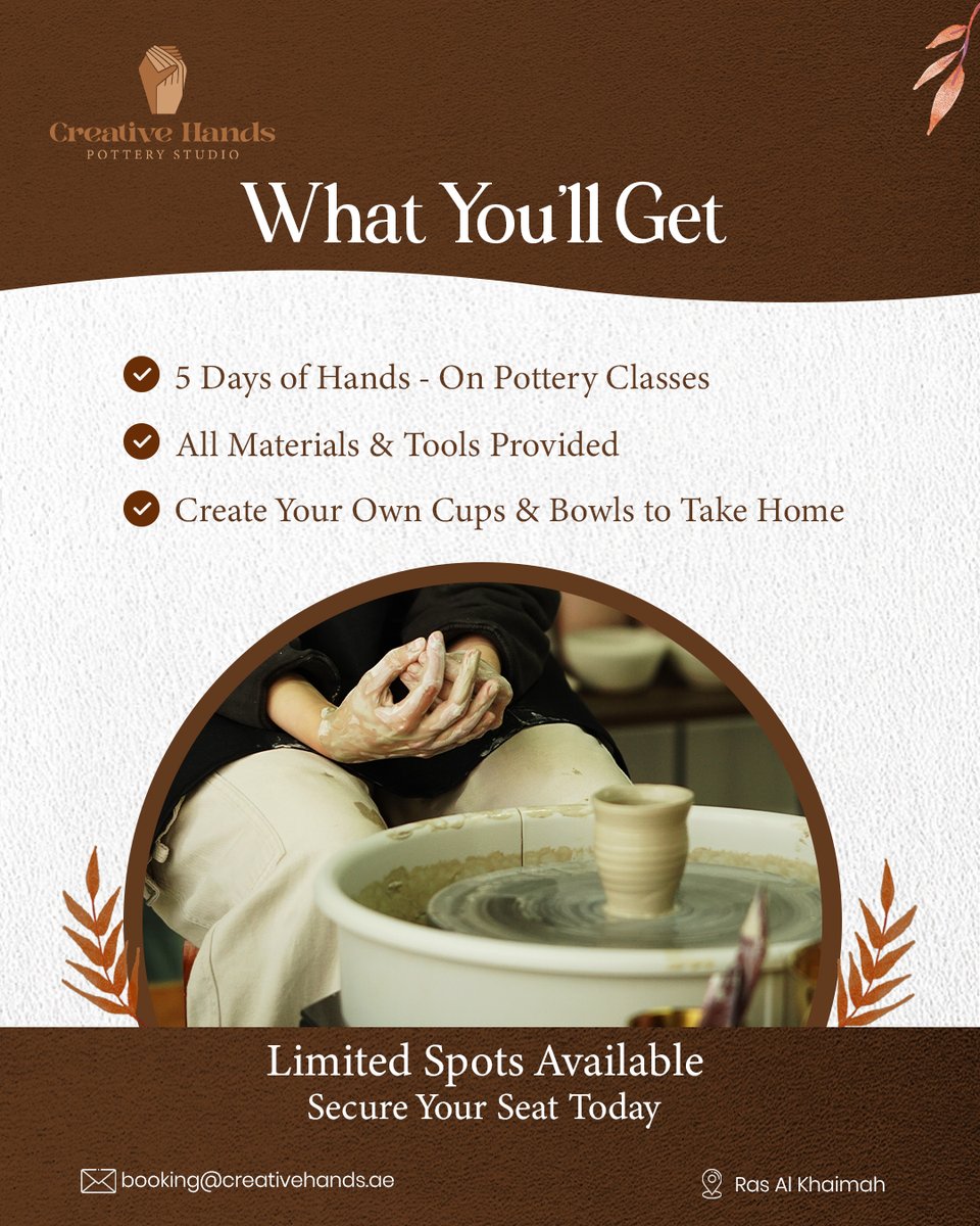 hands_art23005's tweet image. Spin clay, create beauty. 🌀
5-Day beginner pottery workshop in Ras Al Khaimah.
Seats are limited ✨
#WheelThrowing #PotteryLife #RasAlKhaimah