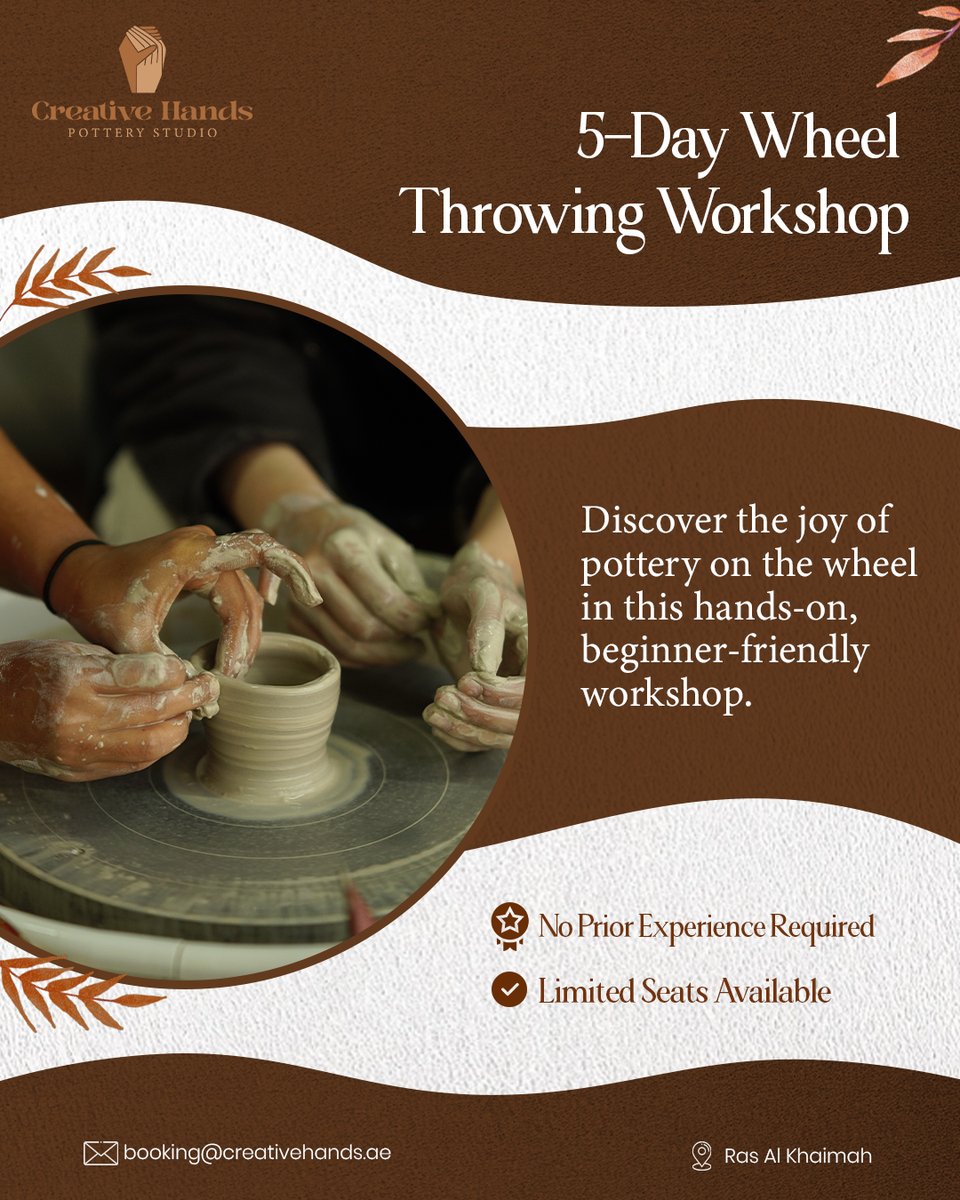 hands_art23005's tweet image. Spin clay, create beauty. 🌀
5-Day beginner pottery workshop in Ras Al Khaimah.
Seats are limited ✨
#WheelThrowing #PotteryLife #RasAlKhaimah
