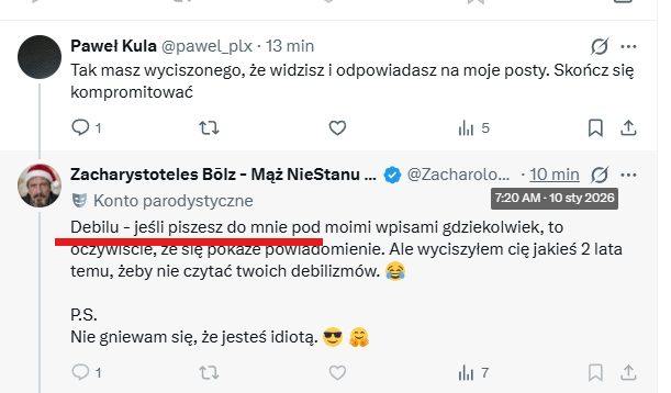 ItKula51665's tweet photo. @Zacharologia @pawel_plx @Ten_Psycholog Durniu, ad personam to pękło z twojej strony w tym poście. 
Dwa - przyszykowałeś sobie odpowiedzi, napisałeś i zablokowałeś - jak małe dziecko 🤣🤣 https://t.co/0NZHjfB7m9
