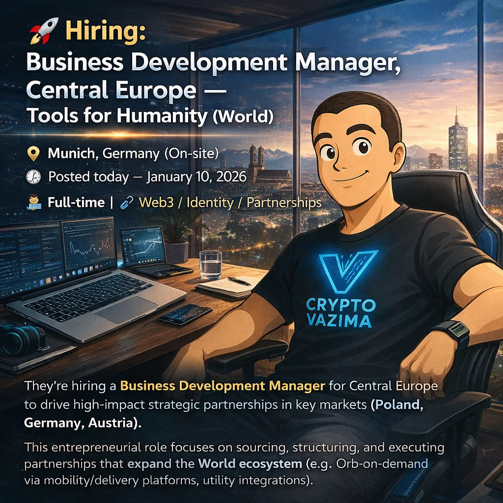 🚀 Hiring: Business Development Manager, Central Europe — Tools for Humanity  (World) 📍 Munich, Germany (On-site) | 💼 Full-time | 🧑‍💻 Partnerships /  Web3 / Identity Tools for Humanity (World) is building