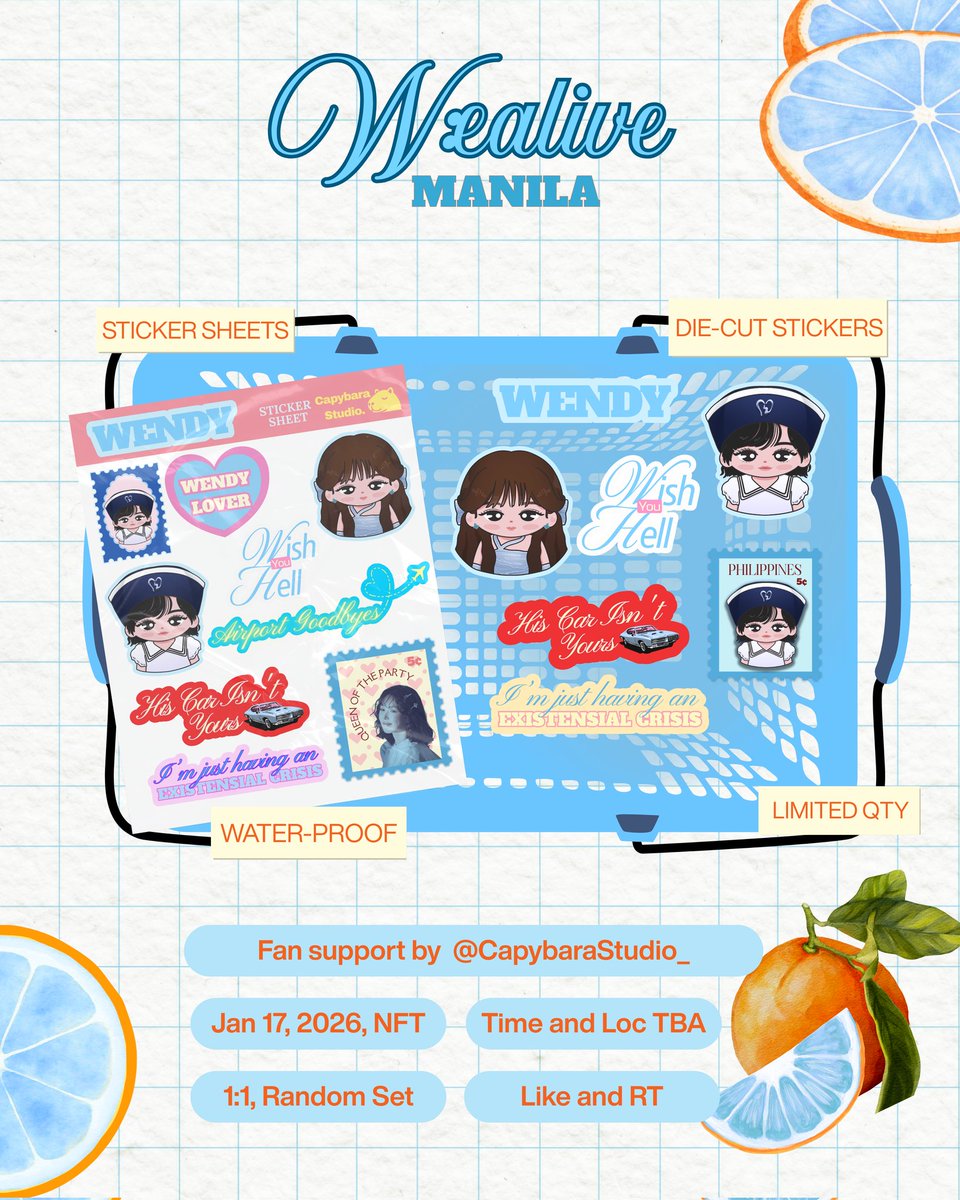 CapybaraStudio_'s tweet image. W:ealive in Manila Freebies
fan support by @CapybaraStudio_ 

Wannie Stickers

🩵 strictly 1:1 (random)
🩵like, rt to claim (show proof on d-day)
🩵 Following is greatly appreciated

#WENDY_WORLDTOUR_MANILA #WEALIVE_IN_MANILA
#WENDY #웬디 #WEALIVE
#WENDY_WORLDTOUR
