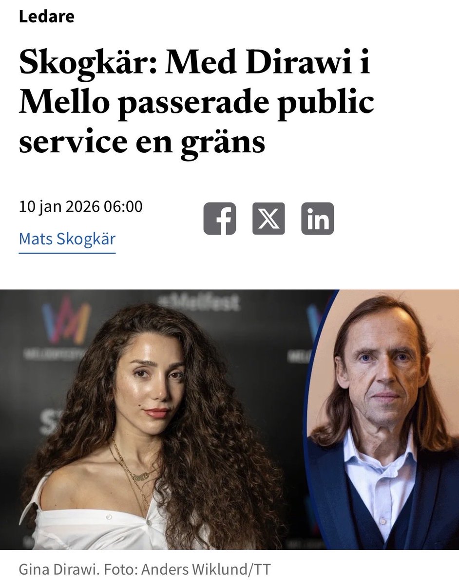 Skogkar's tweet image. Det var inte slumpen som gjorde att Sveriges Television utsåg palestiniern Gina Dirawi – det är så hon beskriver sig själv – till programledare för Melodifestivalen 2026.