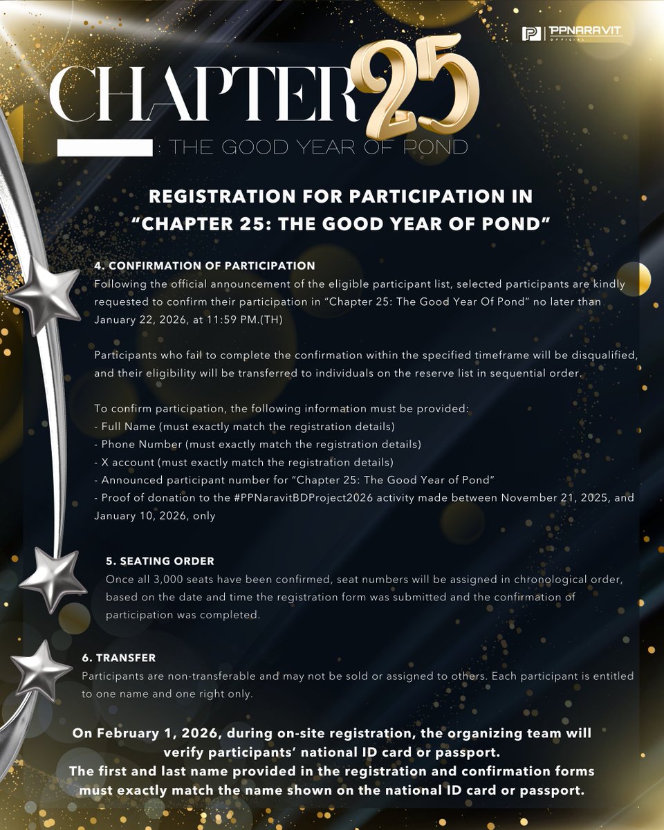 ppnaravit_home's tweet image. Chapter 25 : The Good Year Of Pond
📆 01 FEB 2026
⏰ 5 PM
📍MCC Hall , The Mall Bangkapi

การลงทะเบียนเข้าร่วมงาน :
▶️ เปิดลงทะเบียน 15 ม.ค. 69
▶️ ประกาศรายชื่อ 19 ม.ค. 69
▶️ ยืนยันสิทธิ์ถึง 22 ม.ค. 69

Registration for the event : 
▶️ Registration opens : 15 JAN 26 
▶️…