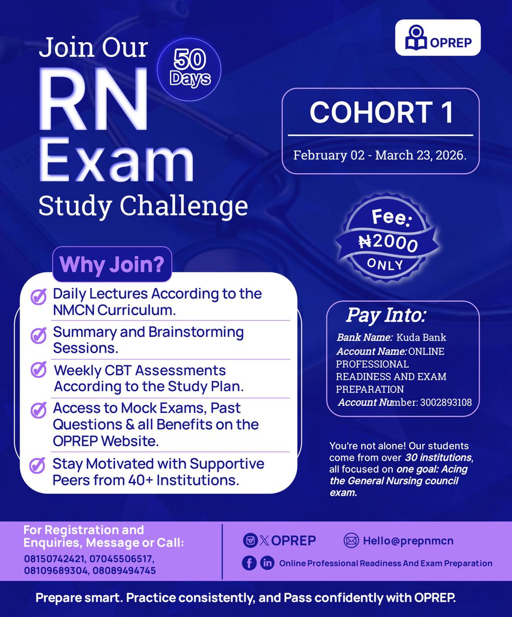 _OPrep's tweet image. Do you want to become a Registered Nurse in 2026? 🚀

At OPREP, we are here to make the dream come true. 

To register: tinyurl.com/OPREP-2026-Cla…