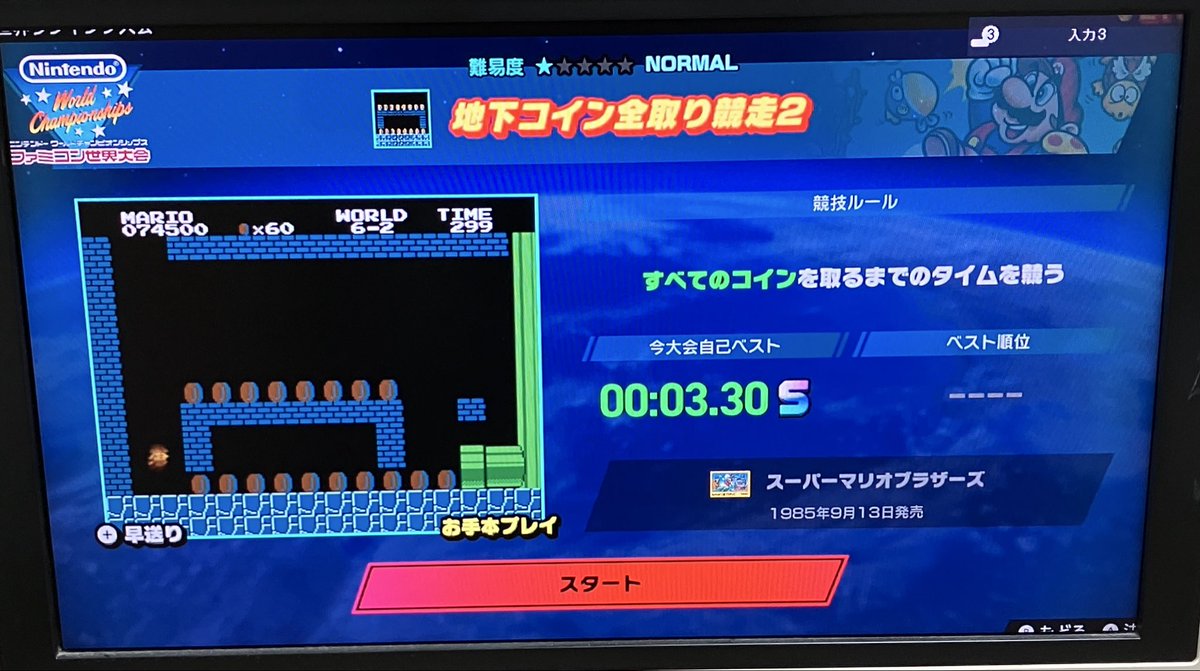 スイッチのソフト「ファミコン世界大会」をゲットしました。 早速、マリオの「地下コイン全取り競争2」にチャレンジ！初めてにしてはいい方の記録かも。もちろん凄い方はたくさんいますが。  #ファミコン世界大会