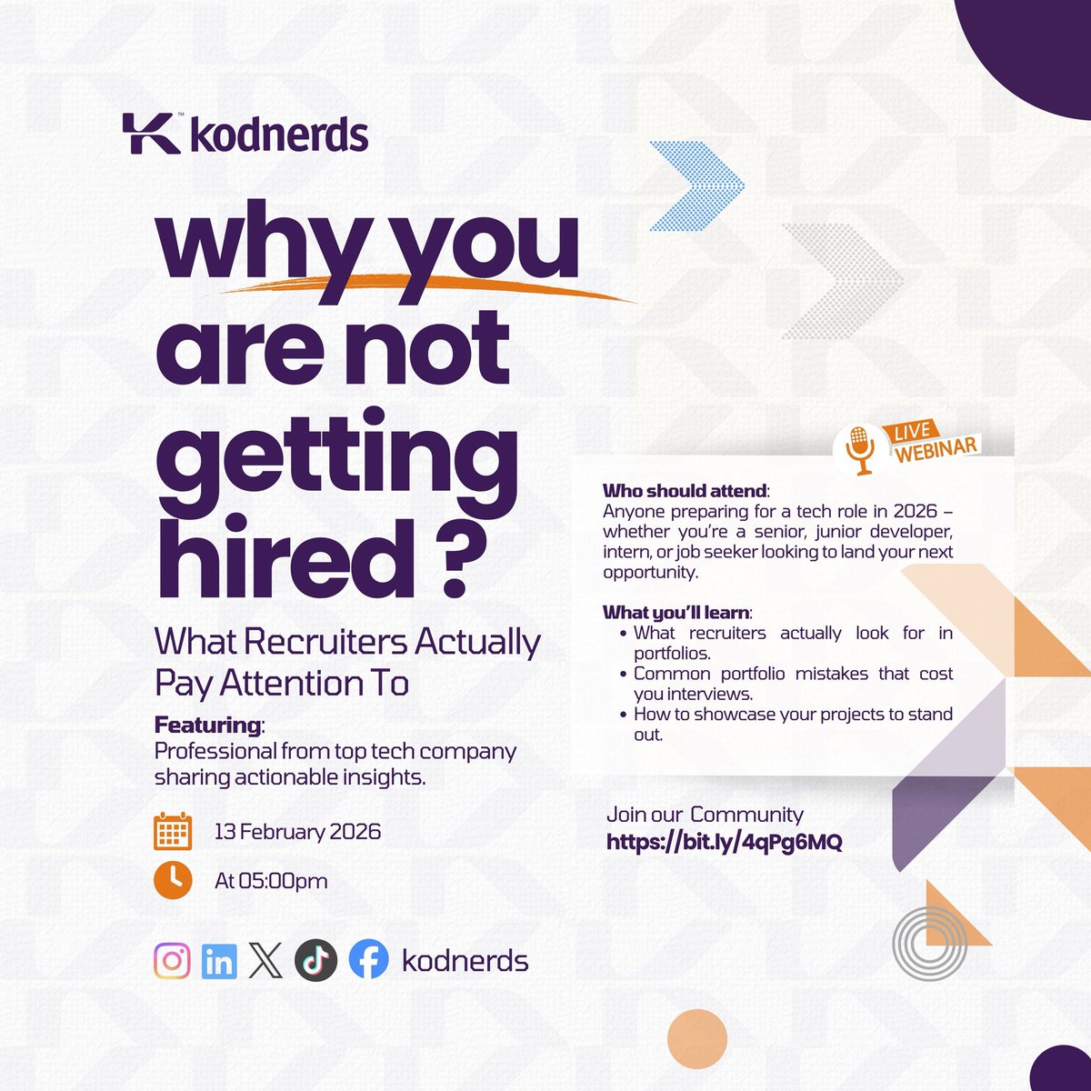 kodnerds's tweet photo. Why aren’t you getting hired as a developer?

Recruiters aren’t looking at your portfolio the way you think.

Learn what actually matters in our LIVE webinar 👇 📅 Feb 13 | ⏰ 5PM
Register: https://t.co/7kHPjlYX8U

#DevTwitter #TechCareers #GettingHired https://t.co/mVZH15rZ3f