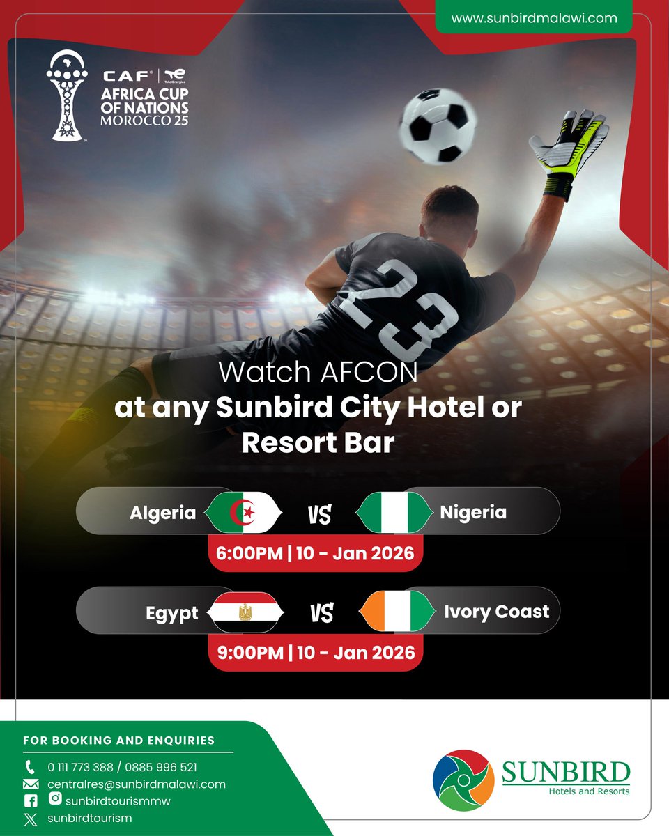 Watch the AFCON games at any Sunbird hotel or resort bar today ⚽️⚽️⚽️!!!.

Algeria vs Nigeria and Egypt vs Ivory Cost🔥🔥

Can you predict the scores?

#AFCON
#thehomeofhospitality 
#thesunbirdexperience