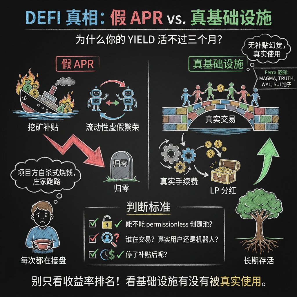 为什么你的yield总是活不过三个月？ 因为你看的都是假APR。  币圈里最骗人的东西就是「高收益」。99%的情况它们来自两个地方——挖矿补贴（项目方在自杀式烧钱）或者流动性虚假繁荣（交易量都是自己跟自己玩）。  等补贴停了，收益瞬间归零。等庄家跑了，池子成了沼泽。 你每 ...