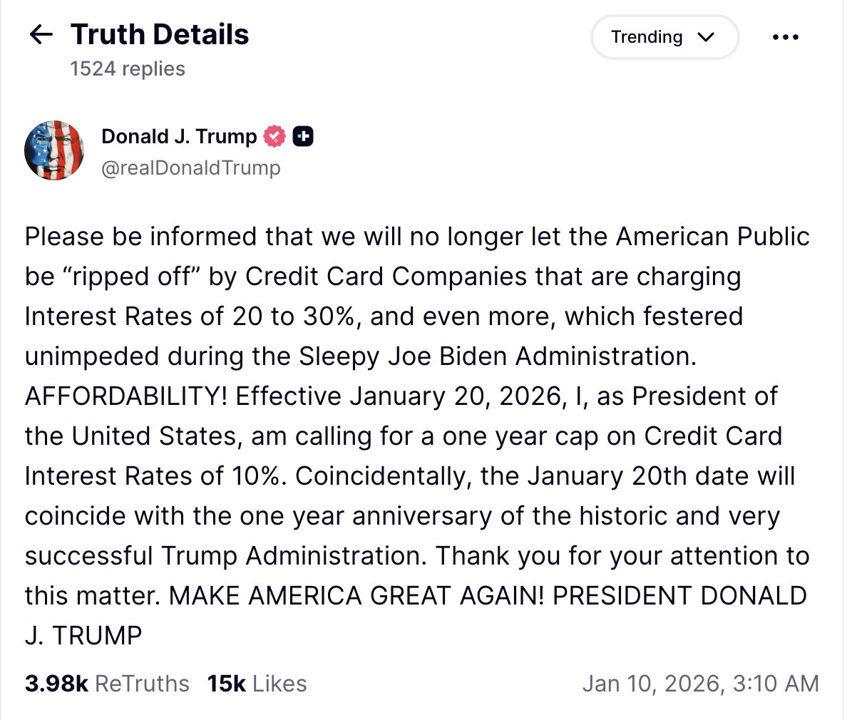 Încă o surpriză din partea lui Trump livrată în weekend când piețele tradiționale sunt închise...nu și  crypto.

Trump ar vrea să impună un plafon de 10% la dobânzile cardurilor de credit, față de 20–30% cât sunt acum.

Având în vedere că profitul companiilor de carduri vine din