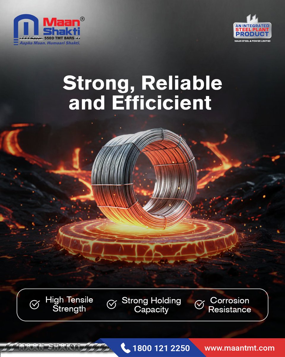 maan_shaktiTMT's tweet image. Maan Shakti Wire Rods deliver exceptional strength and reliability. Ideal for every construction need, they ensure structures remain safe, sturdy, and durable, giving you confidence in every build.

#MaanShakti #WireRods #ConstructionSteel #TMTWireRods #MaanShaktiSteel