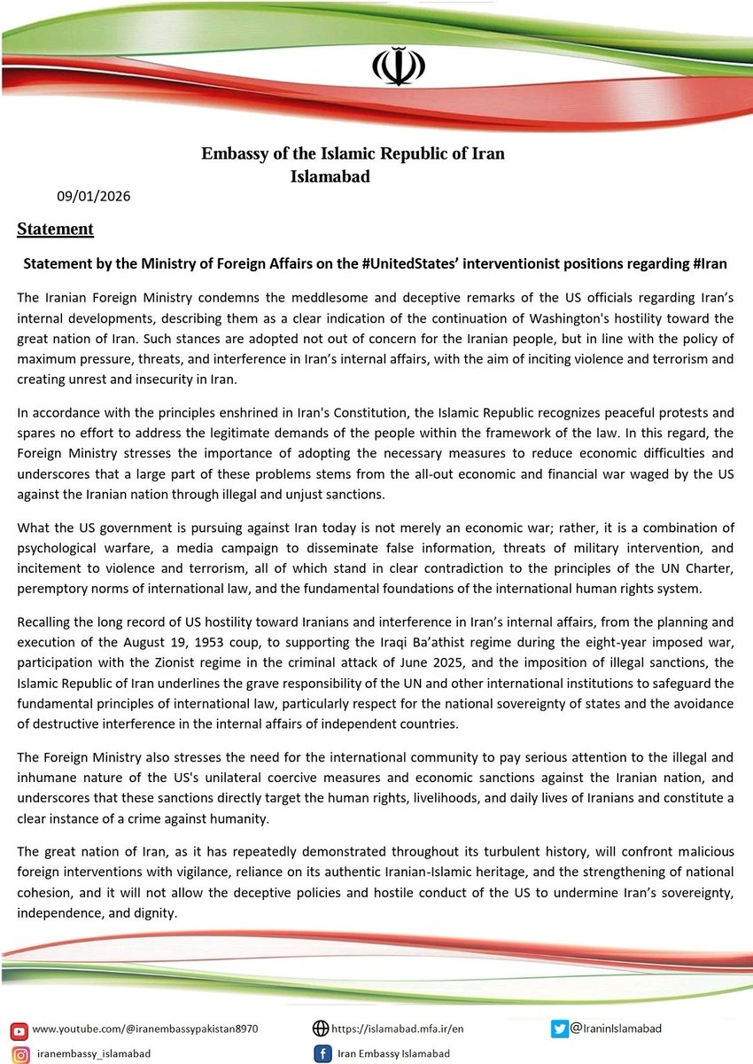 IraninIslamabad's tweet photo. Statement of the Ministry of Foreign Affairs of the Islamic Republic of Iran on the current domestic developments in Iran https://t.co/KlDbNQYnpT