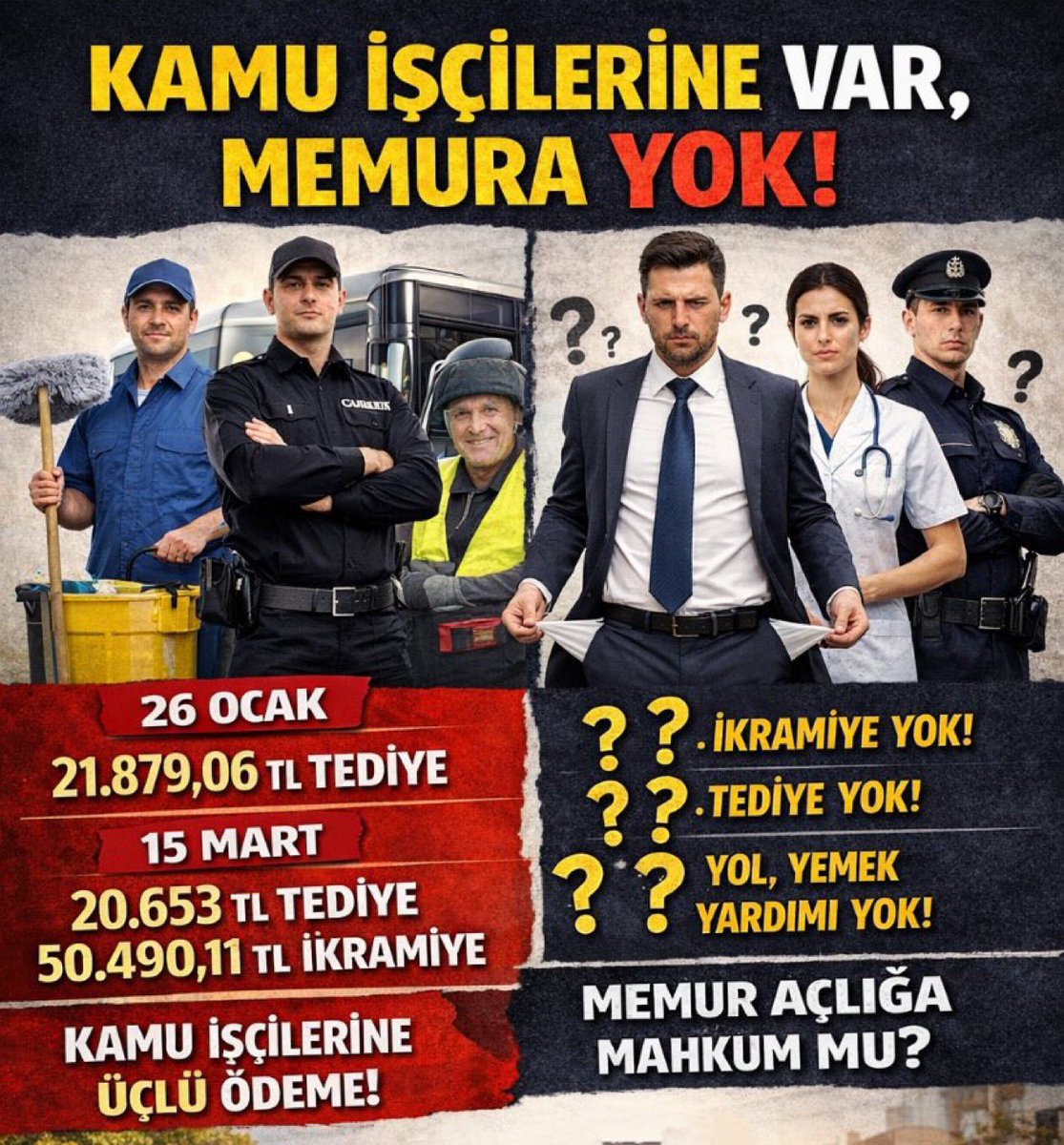 memur_haklar's tweet image. Memurlarımızın ortak talebi net.

-Ek zam,refah payı istemiyoruz. Ayrıcalık istemiyoruz.

İşçilere ödenen ikramiye-tediye-yemek-yol ek ödemesinin memurlara da ödenmesini talep ediyoruz. 

#memur #memurgeçinemiyor #memuranedenyok #memurdiyorki

@herkesicinCHP 
@MHP_Bilgi 
@Akparti