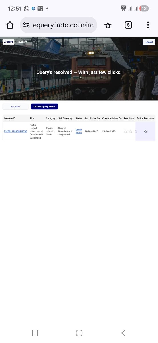Hellow, IRCTC User Disabled.
<a href="/IRCTCofficial/">IRCTC</a> , I raised query on 28-December-2025, it has been more then week. No resolution yet. <a href="/jagograhakjago/">Consumer Affairs</a>
Irctc(14646) give fake hope only.
No timeline to solve query. 
#IRCTC #disable #profile #NarendraModi <a href="/Central_Railway/">Central Railway</a> <a href="/RailwaySeva/">RailwaySeva</a>