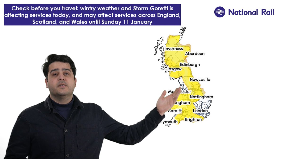 nationalrailenq's tweet photo. ❄️🧊 #WintryWeather - The Met Office have issued yellow weather warnings for snow, ice and rain across various parts of England, Scotland and Wales until Sunday afternoon

⚠️ Additionally, Storm Goretti brought strong winds and snow on Thursday evening. The main impact of the storm has now taken place.

‼️ You are still strongly advised to check your full journey before you travel‼️

ℹ️ Full video is available here https://t.co/JLKBWn8ktw