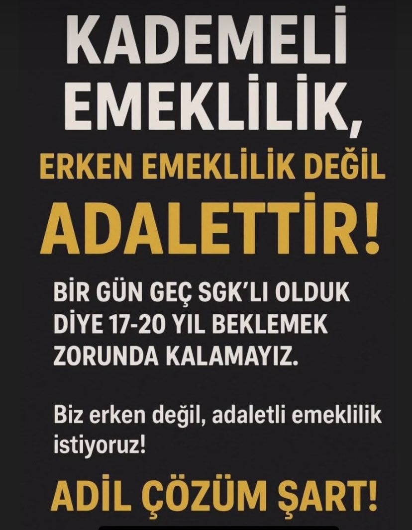 OzgezamanZge's tweet photo. Erken emeklilik değil;
Kademeli Emeklilik!!!

Adalet bekleniyor!
@EmadDernegi 

#VicdanınSesiKademe https://t.co/RsdS6PPpsK