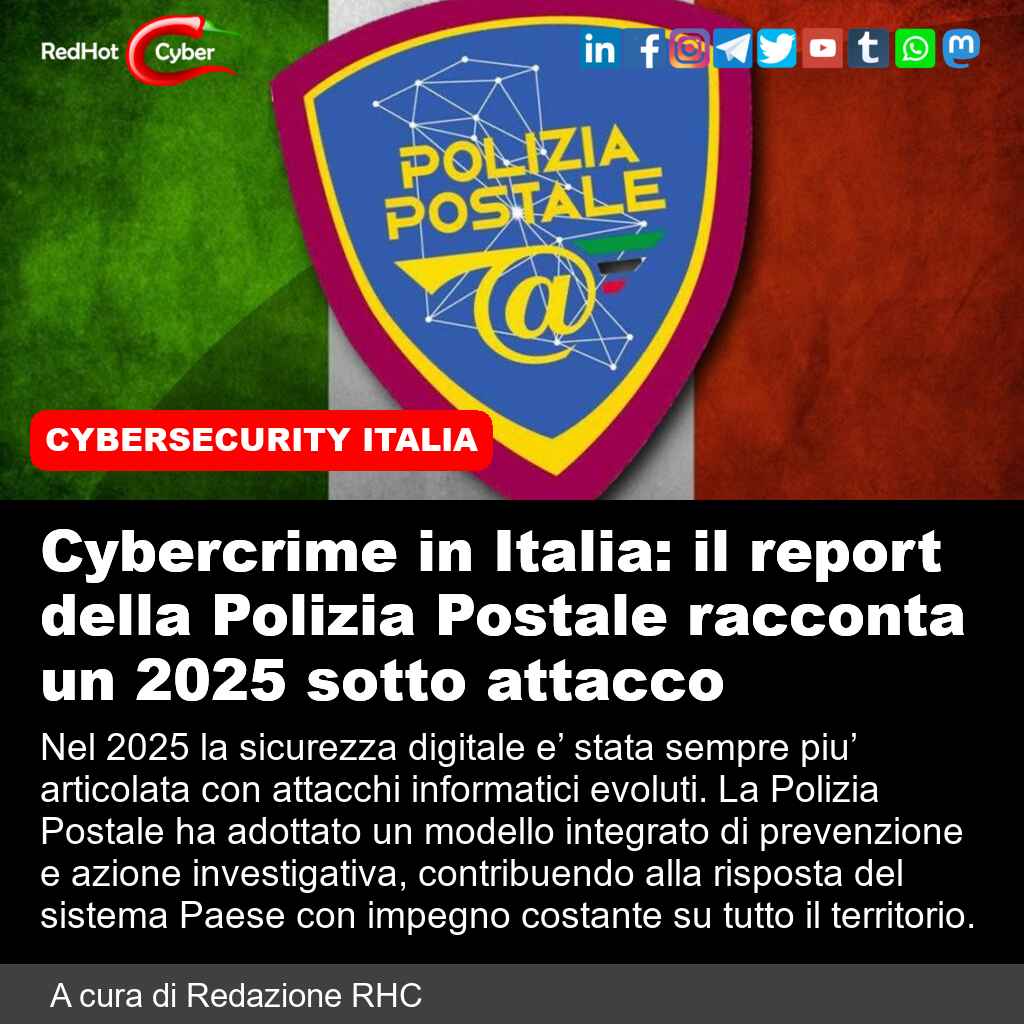 redhotcyber's tweet image. Cybercrime in Italia: il report della Polizia Postale racconta un 2025 sotto attacco

📌 Link all'articolo : redhotcyber.com/post/cybercrim…

#redhotcyber #news #sicurezzadigitale #cybersecurity #poliziapostale #attacchiinformatici #prevenzione