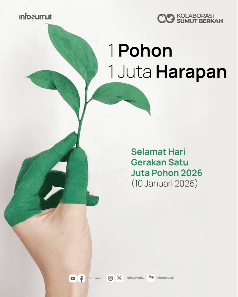 Mari jadikan tahun 2026 sebagai titik balik untuk memulihkan kembali paru-paru dunia. Mulai dari satu pohon di halamanmu, untuk sejuta harapan bagi masa depan. 🌍💚

#infosumut #harisatujutapohon #pulihkanbumi #pohonuntukmasadepan