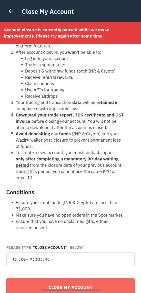 worldwinlionVG's tweet photo. @WazirXCares  I am trying from last 1 month but can't close my account. https://t.co/EUohpgZ7ww