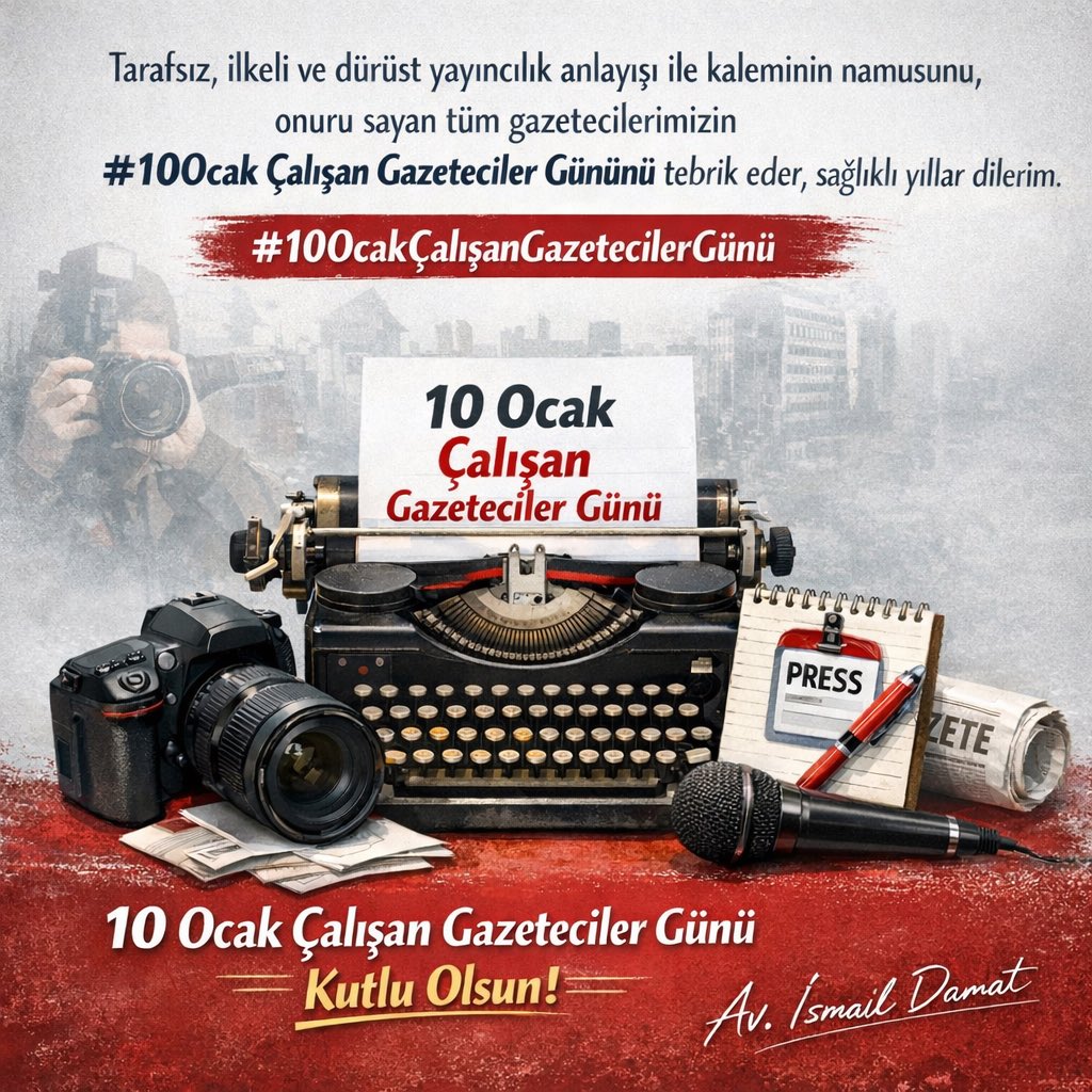 AvIsmailDamat's tweet photo. Tüm gazeteci dostlarıma, büyüklerimize selam ve saygılarımı sunarım. #10OcakÇalışanGazetecilerGünü https://t.co/H84DnPEUnI