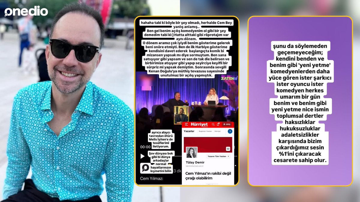 onedio's tweet photo. Kaan Sekban, Cem Yılmaz’a yanıt verdi:

“Tabii ki de böyle bir şey olmadı, herhalde Cem Bey yanlış anlamış.

Kendini benden ve benim gibi ‘yeni yetme’ komedyenlerden daha yüce gören herkesin, umarım bir gün bizim toplumsal dertler, haksızlıklar, hukuksuzluklar ve adaletsizlikler karşısında çıkardığı sesin yüzde 1’ini çıkaracak cesareti olur.”