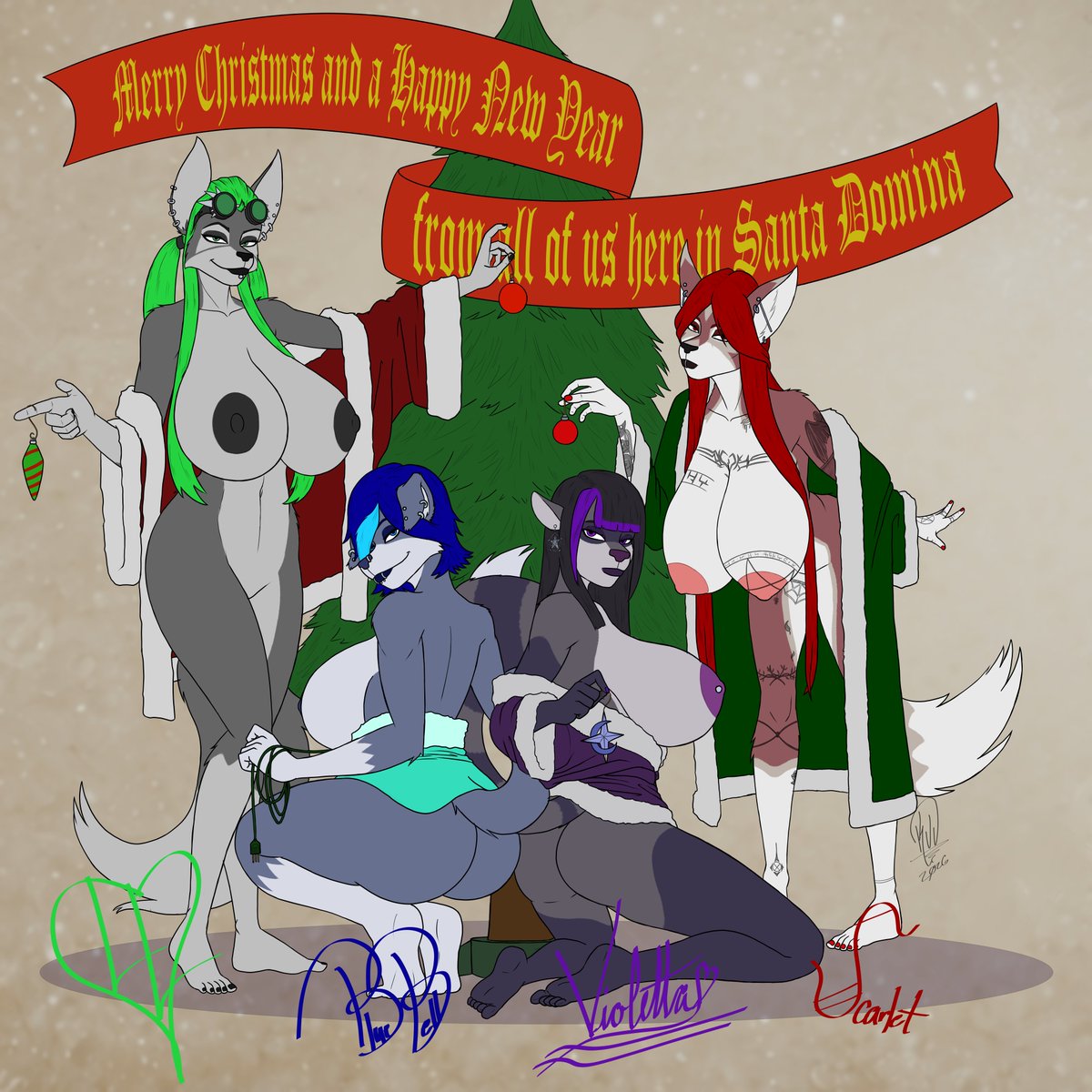 Looks like this year's Santa Domina holiday card was late, but to make up for it, looks like the girls signed it just for you!

First time all of my dancers have featured together in one image, at that!

#furry #furryart #nsfw