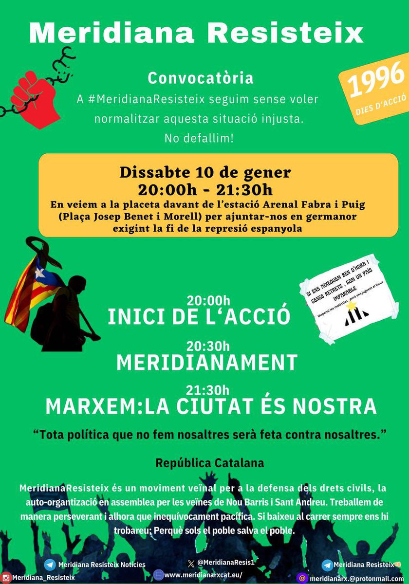 MeridianaResis1's tweet image. 🚨Meridianes! Avui us convoquem a una nova jornada combativa ✊

🔥La repressió només s'acabarà amb la independència del nostre
    país!✊

⚡Si avui no lluiteu pel vostre país, demà no ploreu! 

    Desperta Catalunya! - Desperteu catalans!✊
    Desperta ferro! 🏴