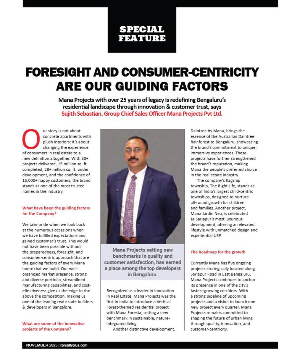 RPRealtyPlus's tweet image. “Foresight and consumer-centricity are our guiding factors.”- Sujith Sebastian, Group Chief Sales Officer, Mana Projects Pvt. Ltd.

Read more: rprealtyplus.com/magazine/novem…

#RealityPlus #SpecialFeature #ManaProjects #BengaluruRealEstate #UrbanLiving #RealEstateInnovation