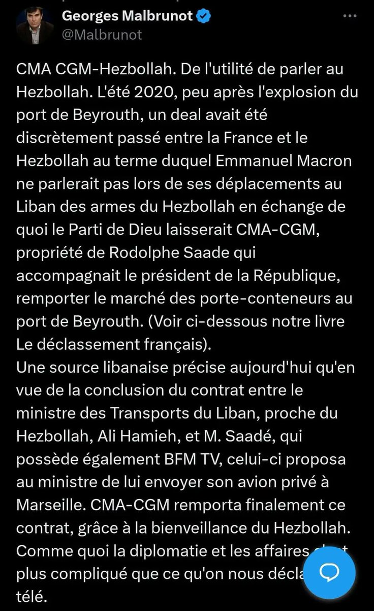 2Halumi's tweet image. Savez vous à qui appartient BFMTV ?
- Rodolphe Saadé 

Et savez qui est Rodolphe Saadé ?
- un milliardaire libanais proche de E.Macron

Et savez vous quel cadeau E.Macron a fait à Rodolphe Saadé ?

Lisez
Boycottez cette chaîne propagandiste macroniste !