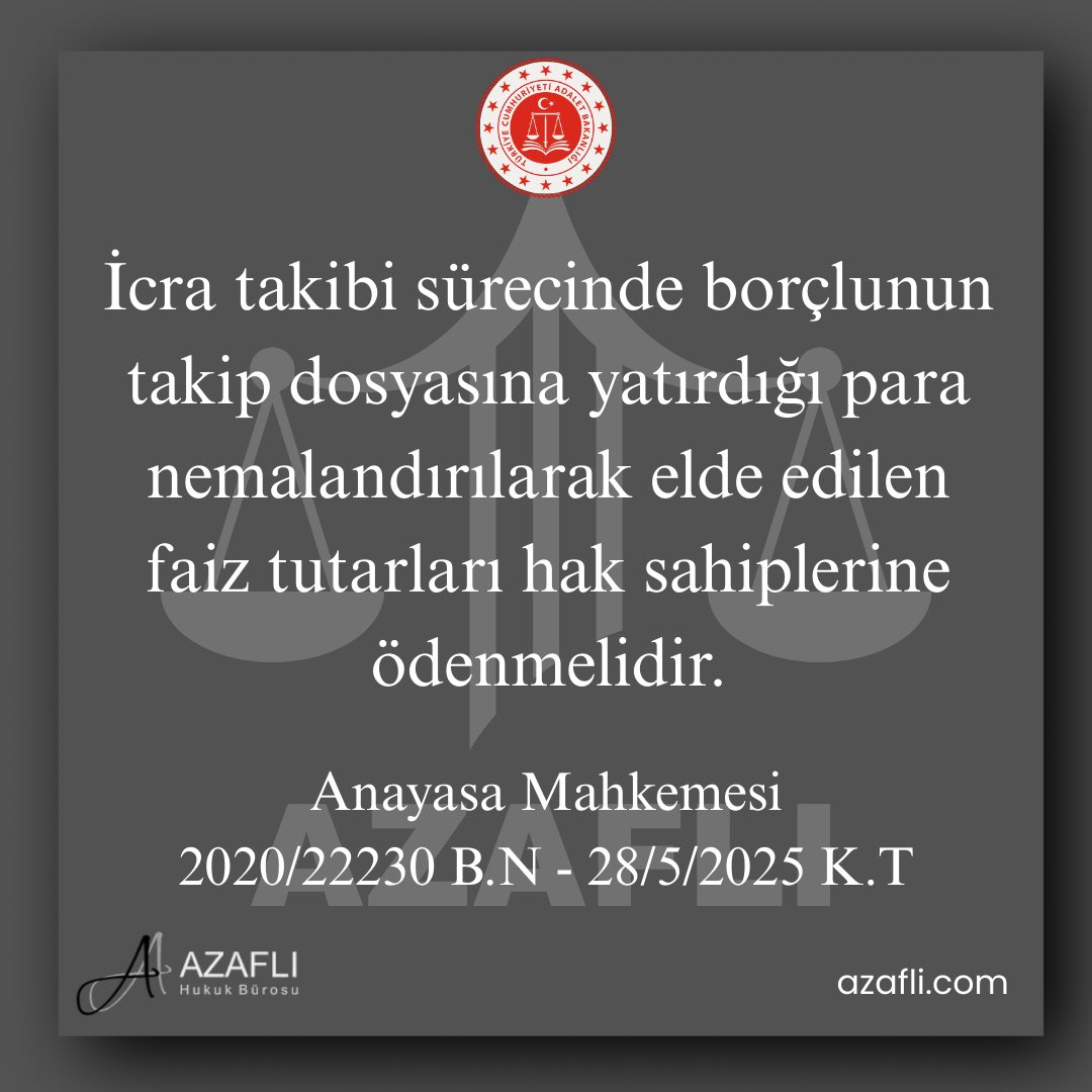 İcra takibi sürecinde borçlunun takip dosyasına yatırdığı para nemalandırılarak elde edilen faiz tutarları hak sahiplerine ödenmelidir.

Anayasa Mahkemesi
2020/22230 Β.Ν - 28/5/2025 Κ.Τ
#hukuk #yargıtay #emsal #karar #güncel