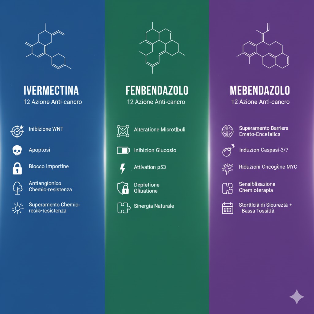 Ivermectina, Fenbendazolo e Mebendazolo: Oltre l'Antiparassitario
Come sapete, ho già trattato in precedenza queste tre molecole, ma oggi voglio tornare sull'argomento per approfondire i loro 12 meccanismi d'azione anti-cancro ciascuna.
 È fondamentale espandere queste