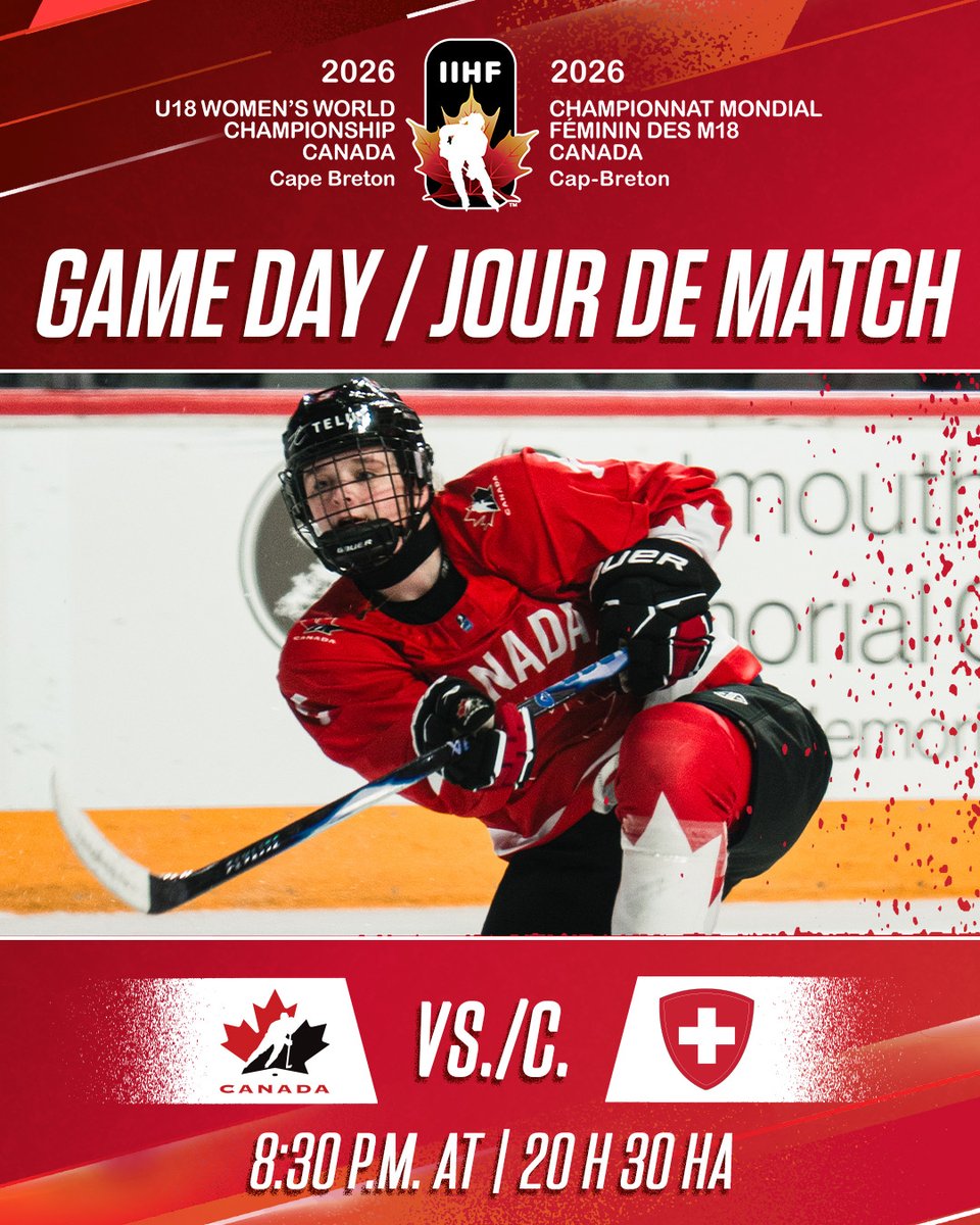 GAME DAY! Let the games begin in Cape Breton! 🇨🇦🇨🇭

JOUR DE MATCH! Place au début du tournoi au Cap-Breton! 🇨🇦🇨🇭

⏰ 8:30 p.m. AT / 20 h 30 HA 
📺 <a href="/TSN_Sports/">TSN</a> / <a href="/RDSca/">RDS</a>
📰 hc.hockey/U18WWCPreview0…
📰 hc.hockey/ApercuCMFM1801…
 
#U18WomensWorlds | #MondialFémininM18