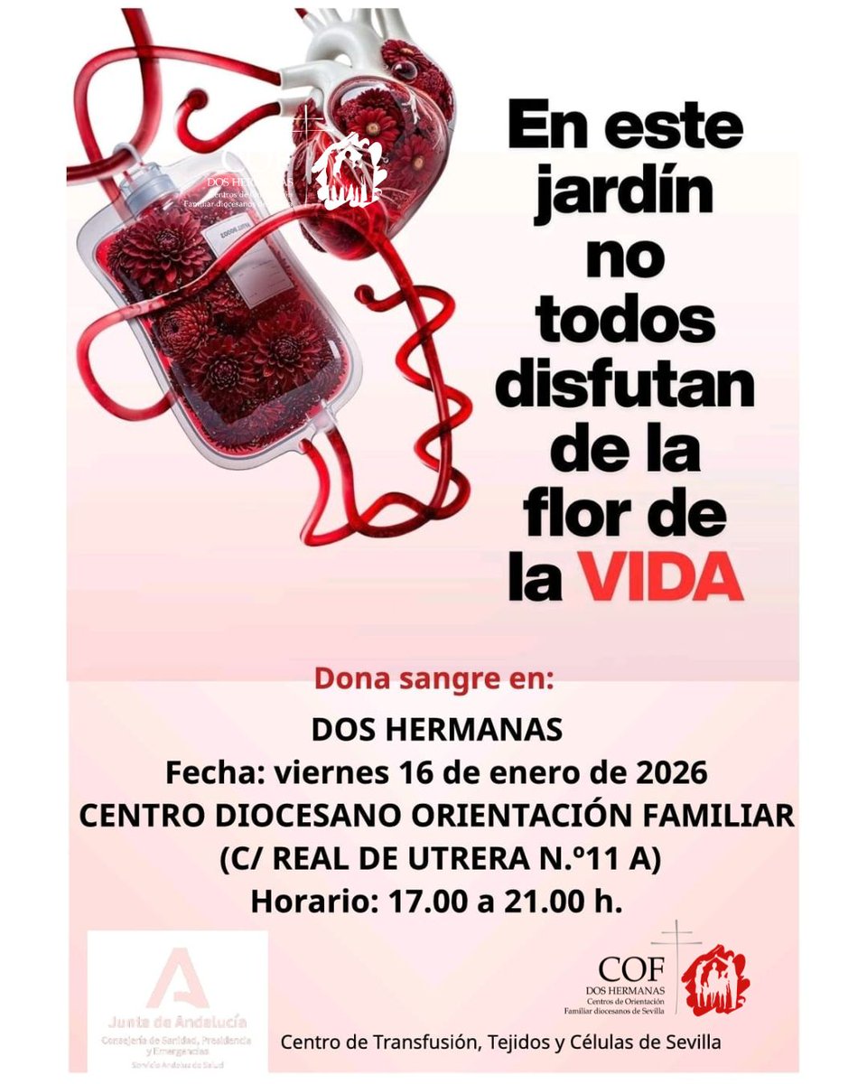 🩸 𝐃𝐨𝐧𝐚𝐫 𝐬𝐚𝐧𝐠𝐫𝐞 𝐞𝐬 𝐝𝐨𝐧𝐚𝐫 𝐯𝐢𝐝𝐚
📆 Viernes 16 de enero | 17:00–21:00 h
📍 Donación de sangre en nuestra sede. C/ Real Utrera, 11A.
🤗 El COF, casa de todos, al servicio de la Iglesia y de las hermandades.
👉 ¡Te esperamos!
📲 Si no puedes donar, comparte ❤️