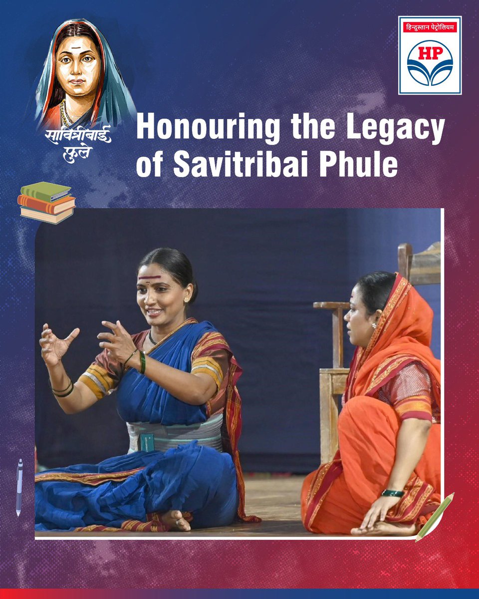 HPCL's tweet photo. On Savitribai Phule Jayanti, the All HPCL OBC Employees Welfare Association commemorated the life and legacy of India’s first woman teacher through the powerful stage play “Ha Mai Savitribai Phule” at HPNE.

More than a tribute, the evocative performance brought alive her fearless fight against social inequality and her unwavering belief in education as a force for transformation. The deeply moving enactment left a lasting impression, reaffirming the relevance of her ideals even today.

At HPCL, we remain committed to the values Savitribai Phule stood for—equality, inclusivity, and social empowerment.

#SavitribaiPhuleJayanti #HPCL #DeliveringHappiness