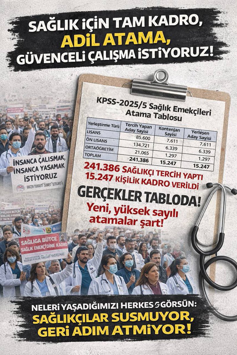 Ulus’tan ses veriyoruz: Atama bekleyen sağlıkçıları yok saymayın. 2024 puanıyla atama yapılmadan sağlık düzelmez.
#SağlıkçıAtamaİçinUlusta