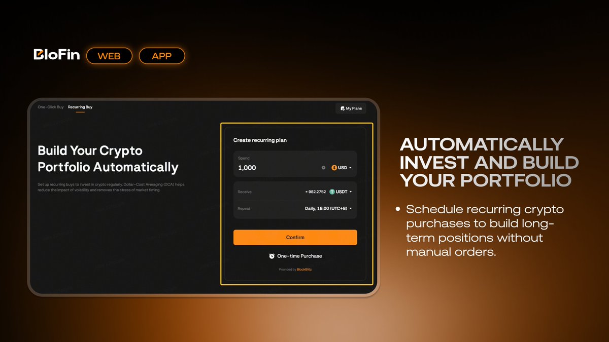 This #BloFinBuild introduces Recurring Buy on the BloFin Web & App. You can  now your asset, amount, and frequency to automate crypto purchases and  invest consistently over time without manual execution. Build