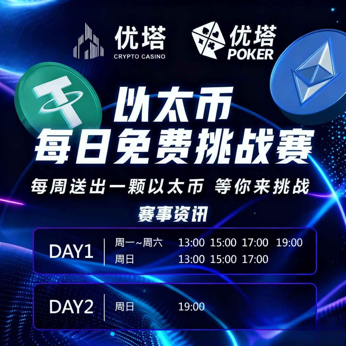 ⚡️【优塔扑克】以太币免费挑战赛💰 周周送出一颗等值一颗以太币奖金💰 ⚡️ 赛事日程详情（北京时间GMT+8）： Day1资格赛- 周一至周六(