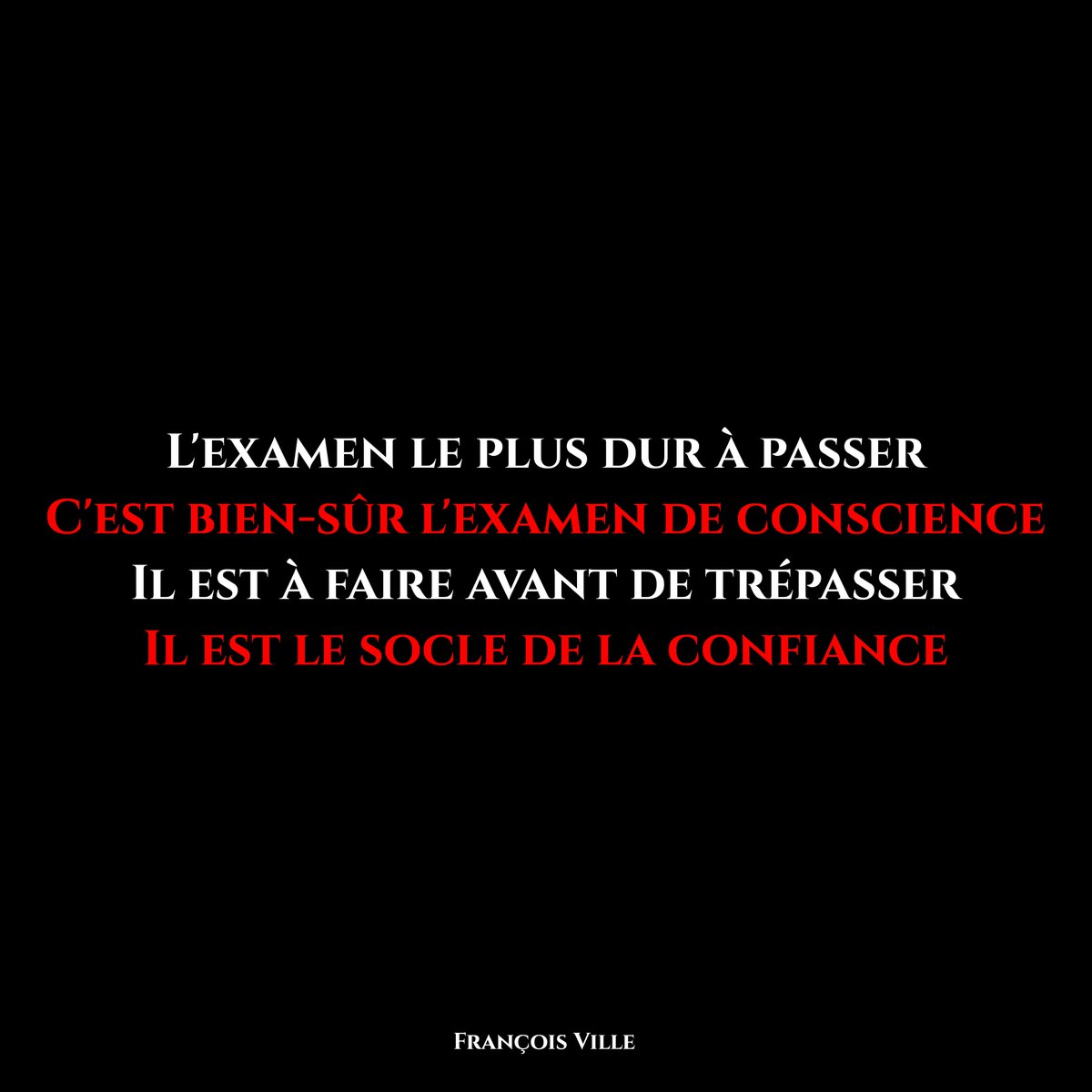 francoisville's tweet image. L'examen le plus dur à passer
C'est bien-sûr l'examen de conscience
Il est à faire avant de trépasser
Il est le socle de la confiance

#conscience #examen #psychologie #philosophie #motivation #confiance #citation #poeme #poesie #poete