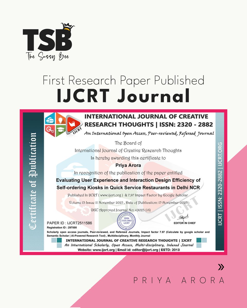 PriyaAA16's tweet photo. Published my first research paper 📄
A study on UX &amp; interaction design efficiency of self-ordering kiosks in QSRs (Delhi NCR).

📄 Read here:
https://t.co/kFGmAzobTp

Grateful for the guidance and learning along the way ✨ https://t.co/4sa6BHWaMm
