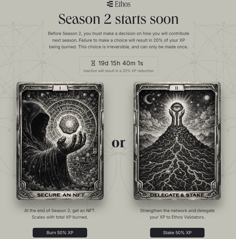 MyCryptoSphere's tweet photo. Do not forget to visit "Contribute" page on @ethos_network and make a decision on how you will contribute in season 2.

We can either:
⏺️Do nothing and lose 20% XP
⏺️Burn 50% XP to get NFT scaled with amount of XP burned
⏺️Delegate 50% XP to a Validator 

I'll choose validator. https://t.co/q0vB6fwUUs